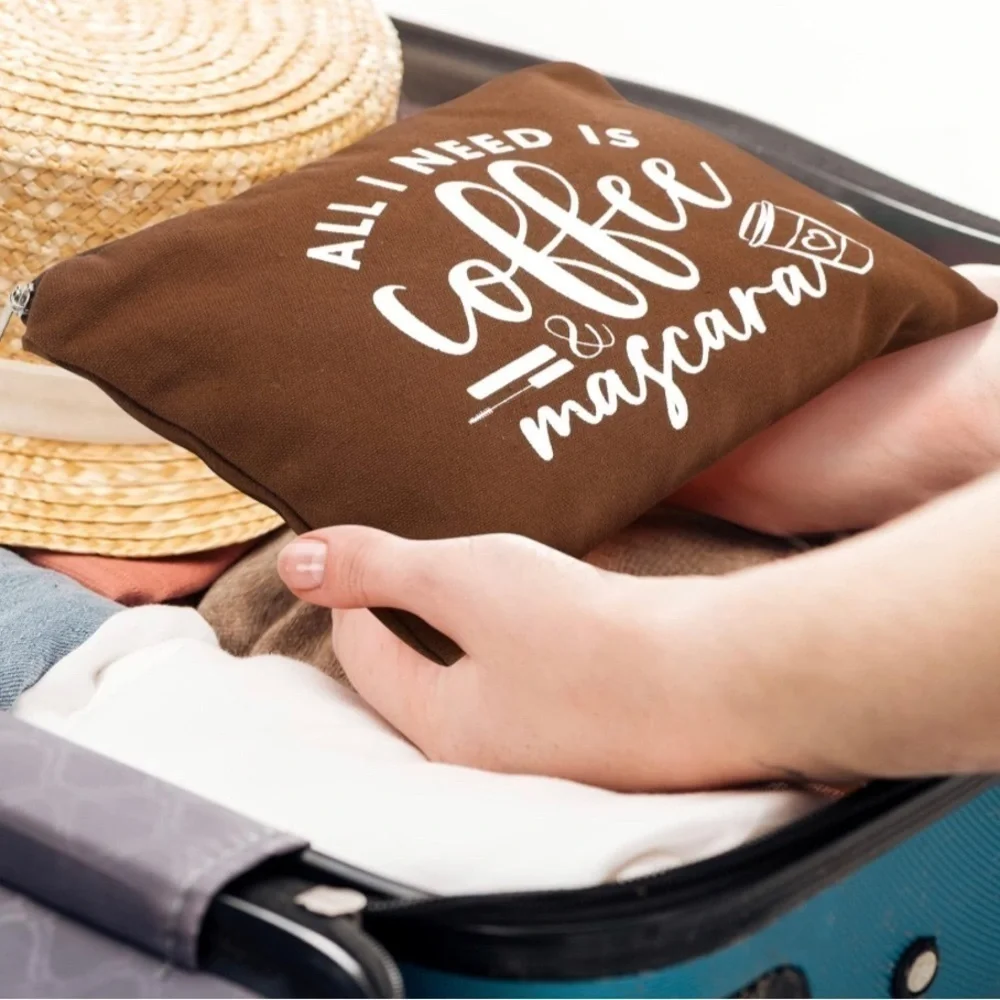 “All I Need is Coffee & Mascara” Makeup Bag, Travel Pouch, Brown, White